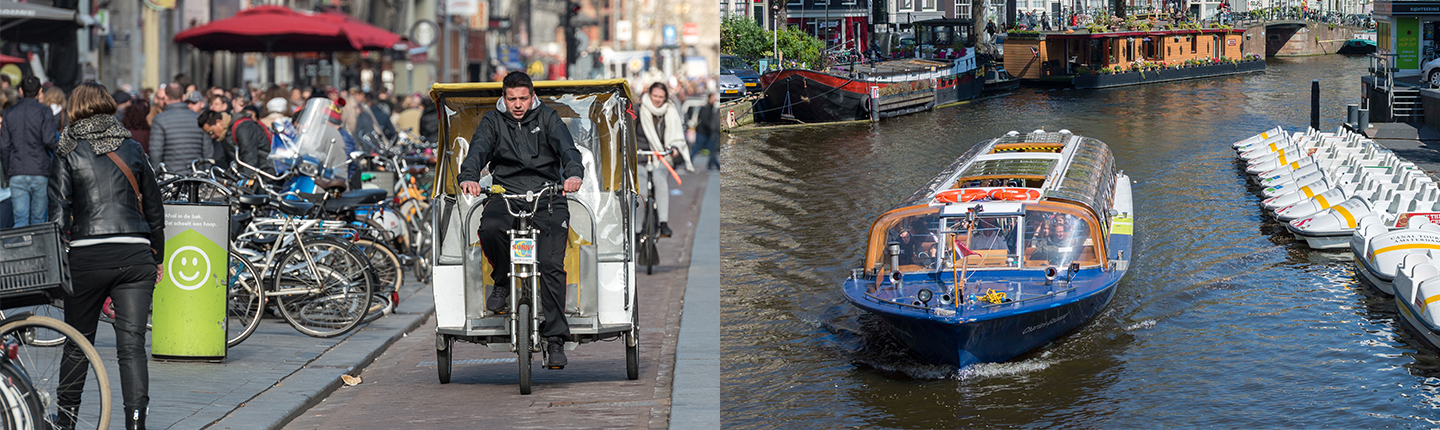 Afbeelding bij onderzoek Zicht op schaarse vergunningstelsels. Een fietstaxi en een rondvaartboot in Amsterdam